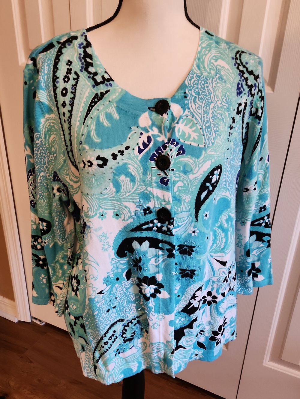 Designers Originals Turquoise Paisley Button-Front Cardigan